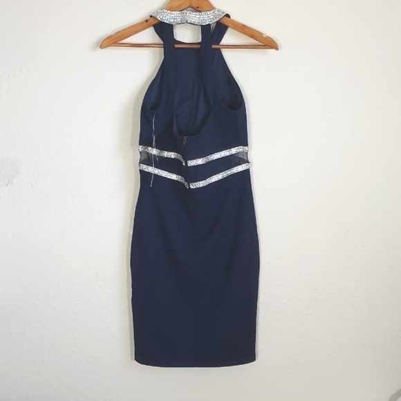 NEW My Michelle Rhinestone Dress Mesh Cutouts High Neck Halter Navy Blue Size 1 - Picture 9 of 16
